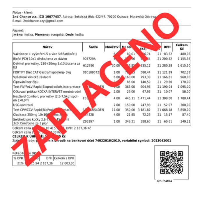 Zaplacení faktury z veteriny